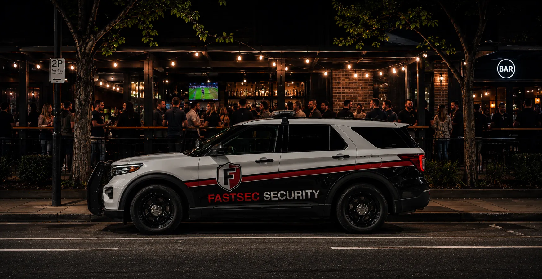 A group of hi-vis Fastsec Security guards briefing before a mobile patrol